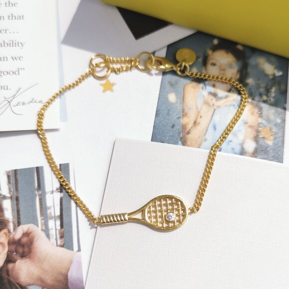 New Julie Vos Tennis Racquet Delicate Bracelet Gold - Picture 1 of 3